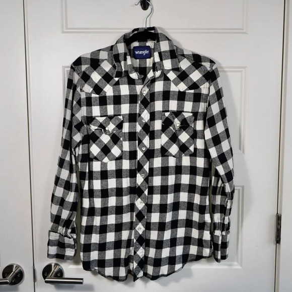 Vintage Wrangler Flannel Button Up Shirt Men's M Long Sleeve Pearl Snap Black - Picture 1 of 7
